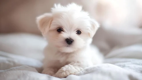 Downy white puppy quietly conquers a cloudlike bedscape
