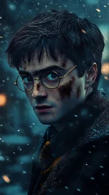 Brooding young man in snow with glasses and dirt marks.