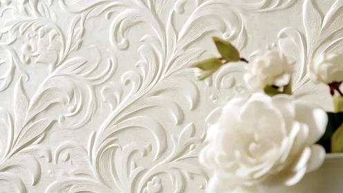 Ornate white relief wall with soft-focus ivory florals foreground.