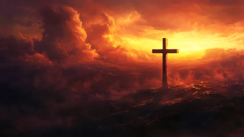 Lone hilltop cross blazing against a storm-lit fiery dawn.