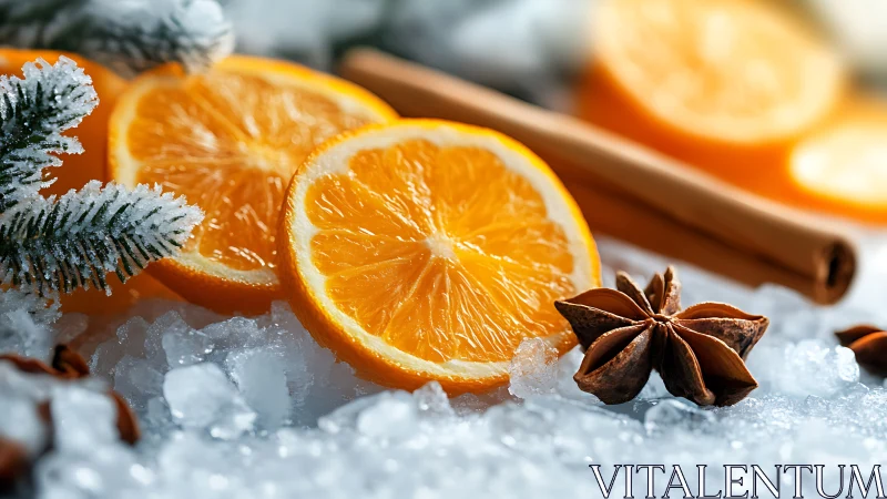 Orange slices rest on crushed ice with spices and fir branch