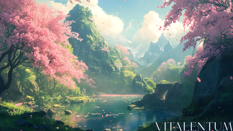 Serene cherry blossom valley cradling a peaceful river.