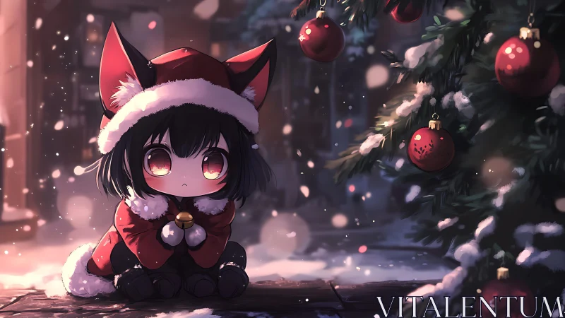 Chibi cat-eared child in red winter coat near tree at night.