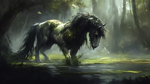Digital painting of moss-clad forest horse in luminous marshland.