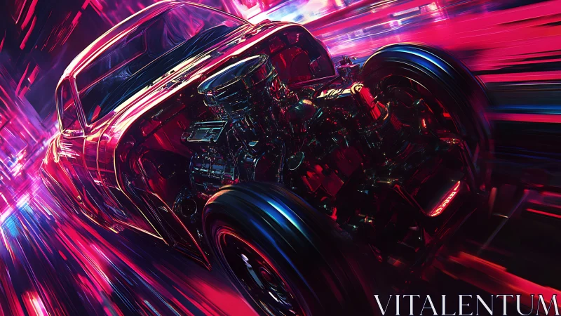 Neon-lit hot rod under heavy motion blur and reflective specular highlights