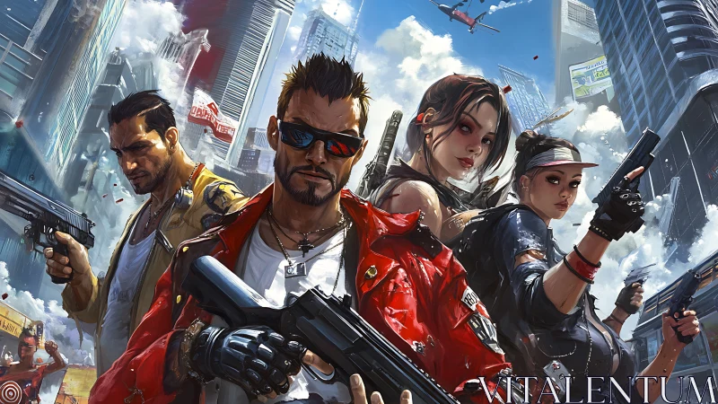 Cybernetic street enforcers in high-density neon megacity.