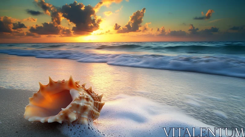 Sunlit seashell on foamy shoreline at vivid sunset.
