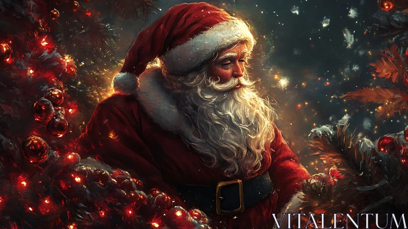 Santa in red suit among glowing Christmas tree lights.