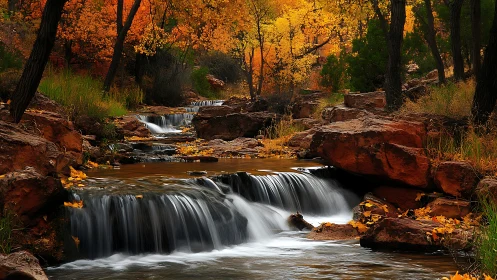 Photorealistic autumn canyon stream with tiered cascades.