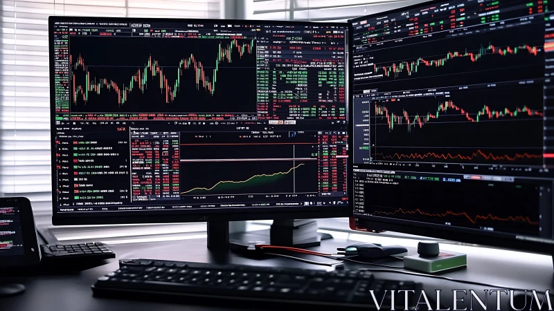 Multiscreen quantitative trading workstation with live market feeds.