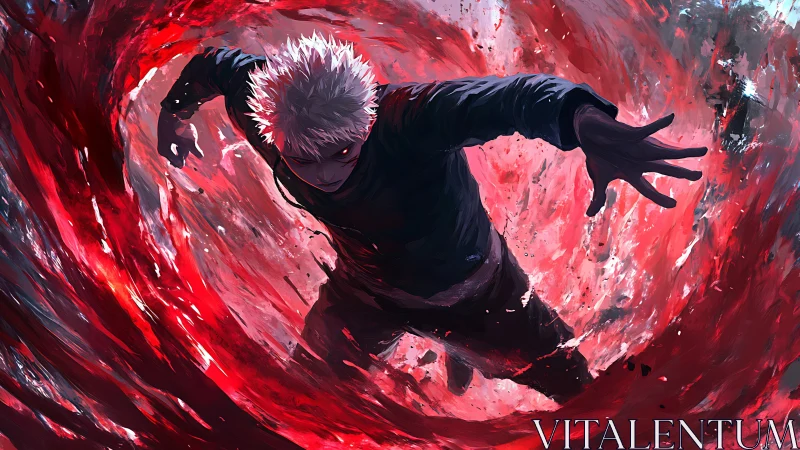 Crimson vortex swallows a silver‑haired warrior mid‑lunge