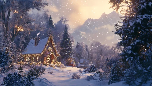 Snowy Christmas cottage under glowing winter sunset.