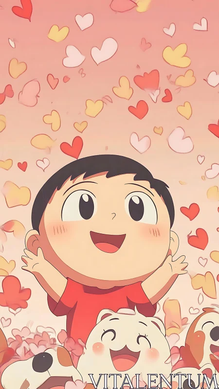 Joyful child and friends surrounded by floating pastel hearts.