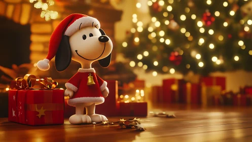 Festive cartoon dog celebrates Christmas by the glowing tree.