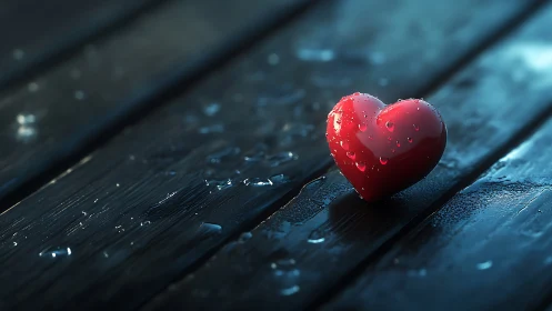A Glistening Red Heart Rests on Wet, Weathered Wood