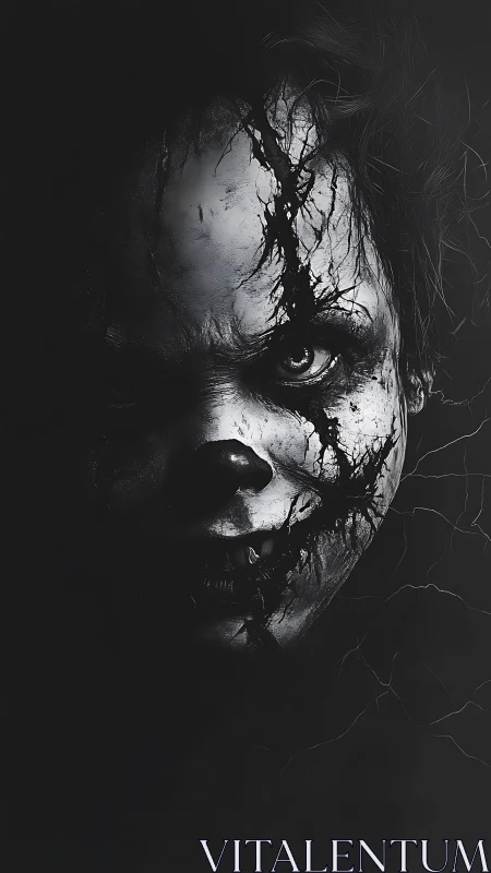 Haunting cracked clown face emerges from deep darkness.
