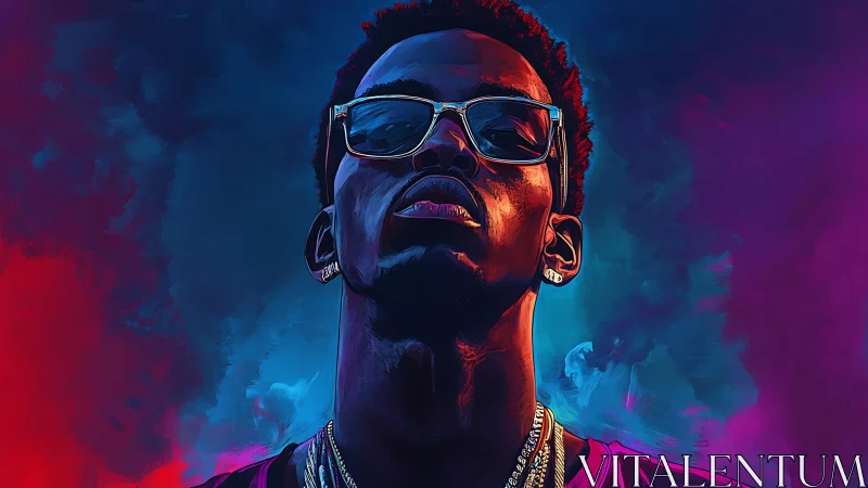 Chromatic portrait of illuminated hip-hop figure in neon haze.