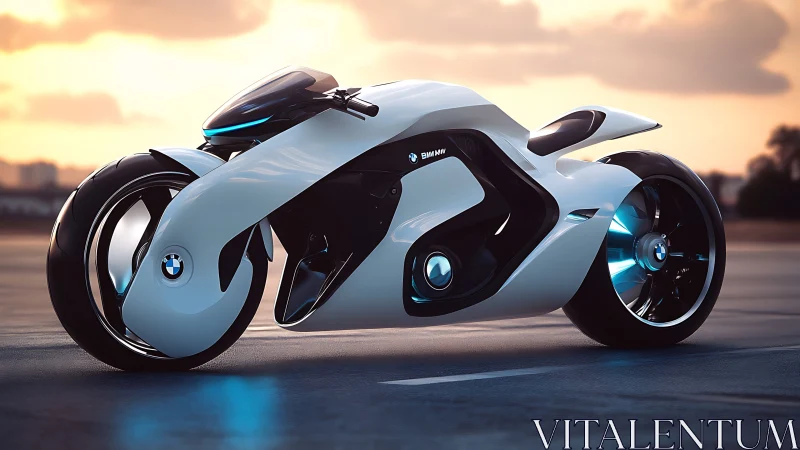 Futuristic BMW concept motorcycle at sunset on roadway.