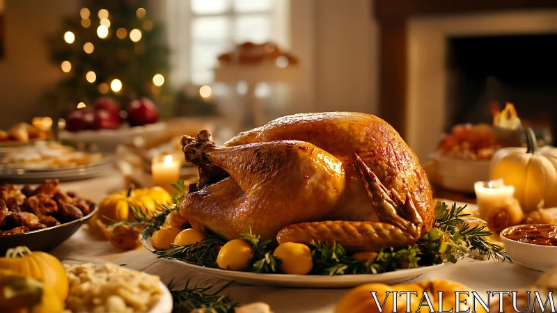 Golden roast turkey crowns a candlelit autumn feast table.