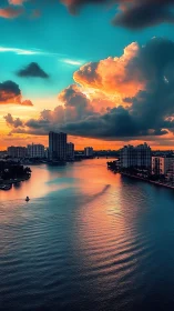 Fiery sunset clouds ignite a tranquil coastal city waterway