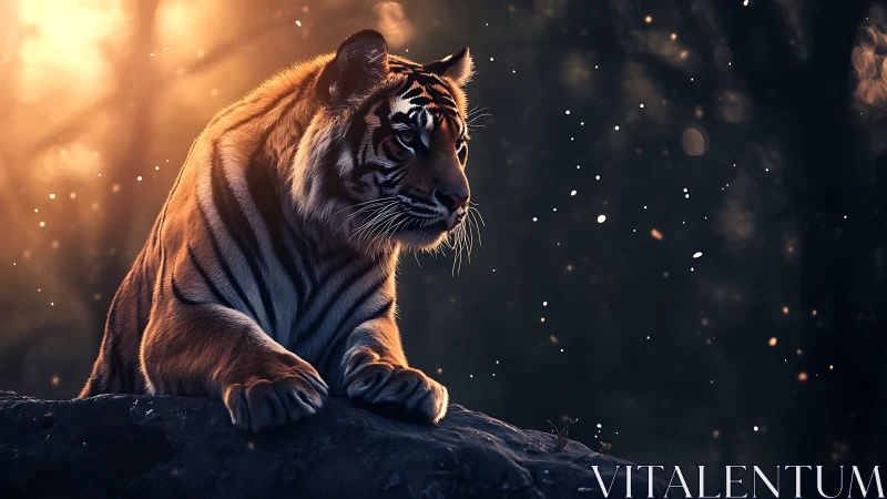 Majestic tiger rests on a rock in glowing forest dusk.