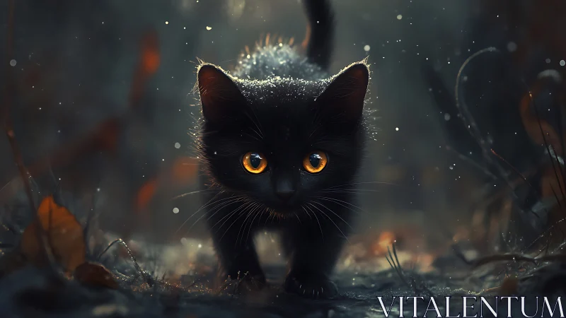 Enchanted Shadow: Black Cat with Luminous Eyes in Mystical Mist