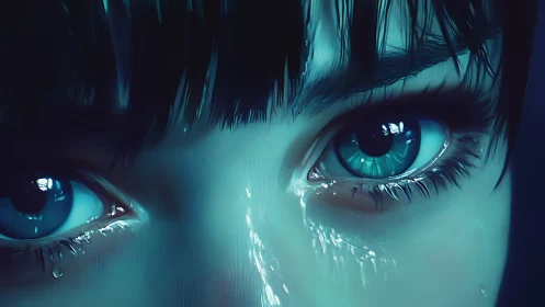 Close blue eyes with tears in cool cinematic lighting.