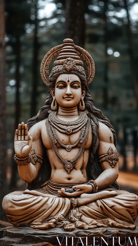 Stone statue of seated deity with raised hand blessing
