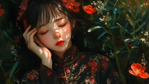 Dreaming girl in crimson blossoms and dappled twilight hush.