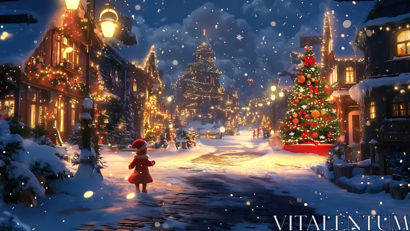 Snowy village street with Christmas tree at night.