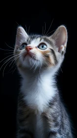 Photorealistic feline portrait featuring technical rendering excellence with upward gaze composition