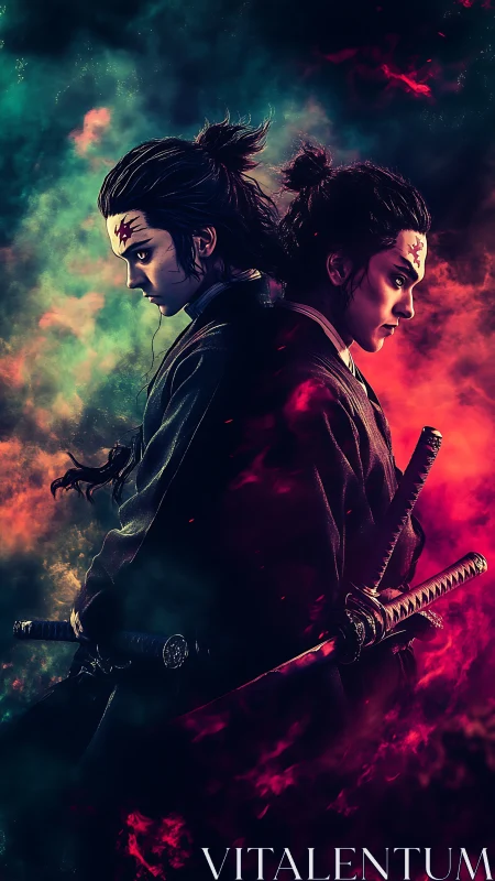 Two samurai stand back to back amid contrasting colored smoke