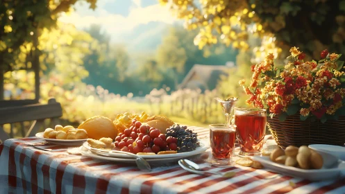 Sunlit vineyard breakfast table drenched in cherry warmth.