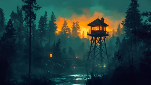 Lone watchtower glows above misty forest lake at dusk.