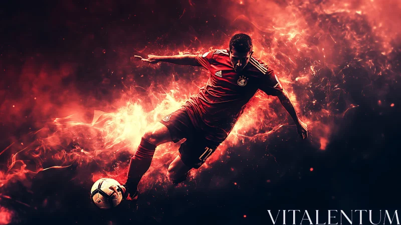 Digital painting of dynamic footballer amid blazing motion field.