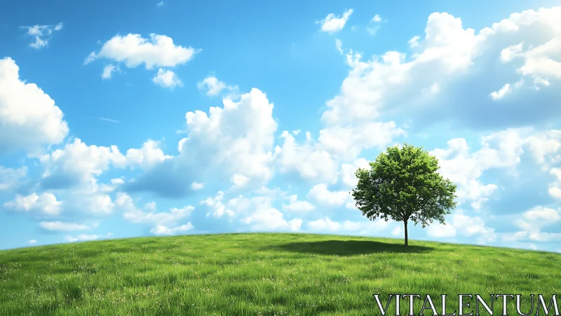 Lone tree on grassy hill under blue sky with fluffy clouds, realistic style.