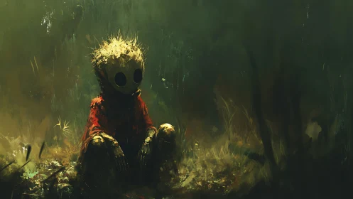 Solitary gasmask wanderer resting in a drowned forest hush.