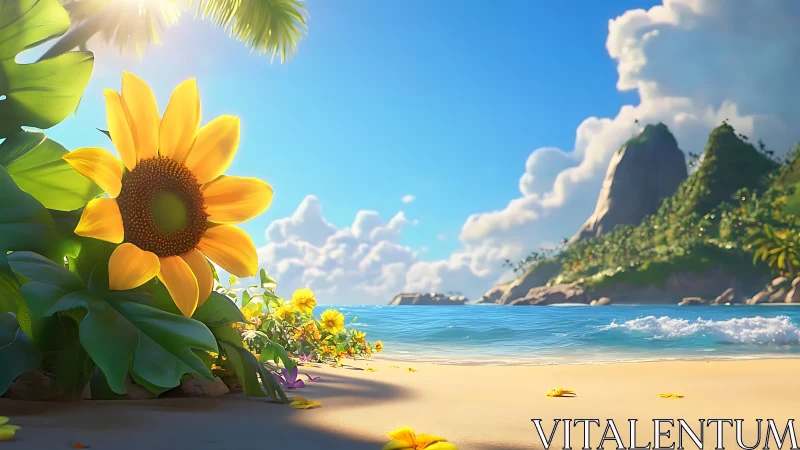 Tropical Coastal Scene: Sunflower Foreground, Boulder Formation Backdrop.