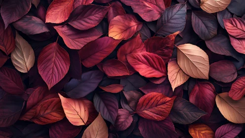 Crimson and copper autumn leaves layered in soft light.