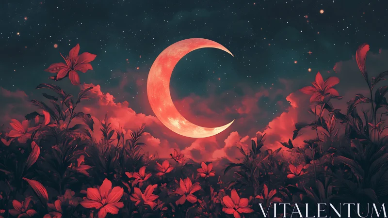 Crescent moon forms central axis above dense red floral field