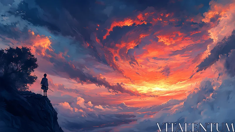 Lone figure on cliff watching intense swirling sunset sky.