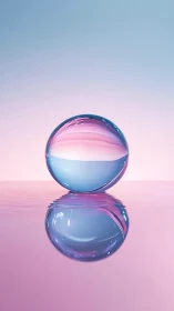 Glass sphere on reflective pink surface with soft light.
