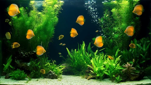 Golden discus ballet drifting through emerald aquarium jungles.