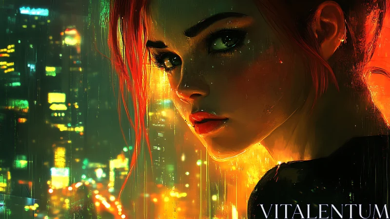 Neon backlit portrait isolates a reflective woman amid blurred city