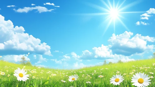 Digital painting of sunlit daisy meadow with wide sky focus.