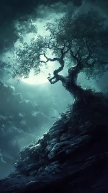 Moonlit cliffside tree leans into a dreamy night sky