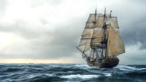 Square-rigged tall ship under storm-laden overcast sky at sea.
