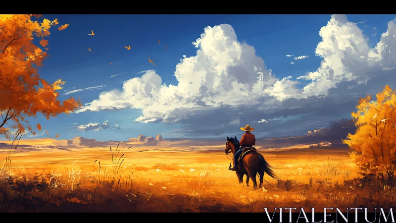 Lone cowboy surveys golden prairie beneath towering clouds.