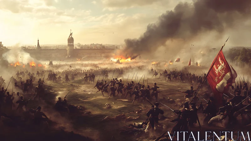 Epic historical battlefield scene with burning fortified city.