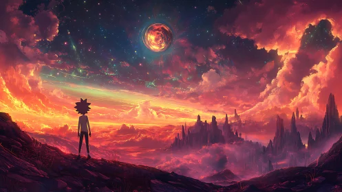 Silhouetted figure observing alien sky and burning planet.